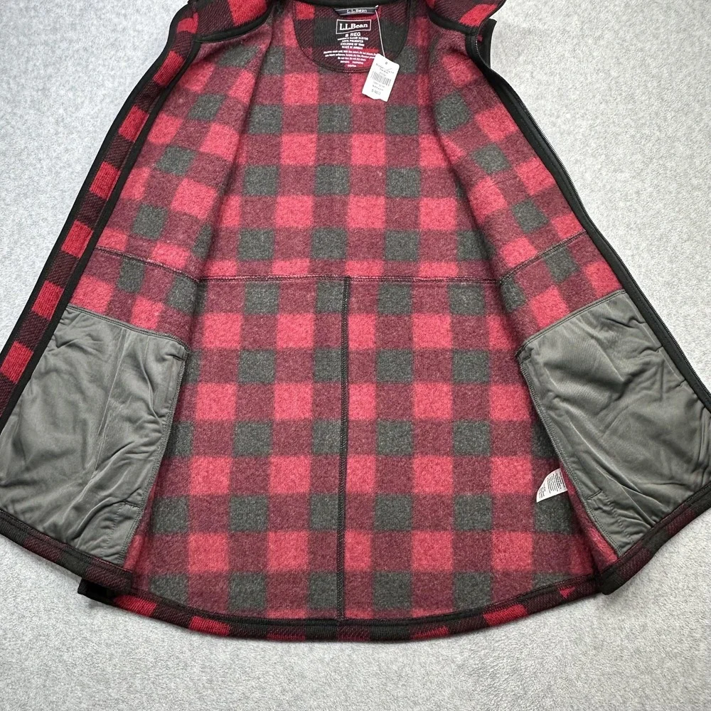 LL Bean Sweater Fleece Long Vest Womens Small Red Buffalo Plaid Full Zip Pockets
